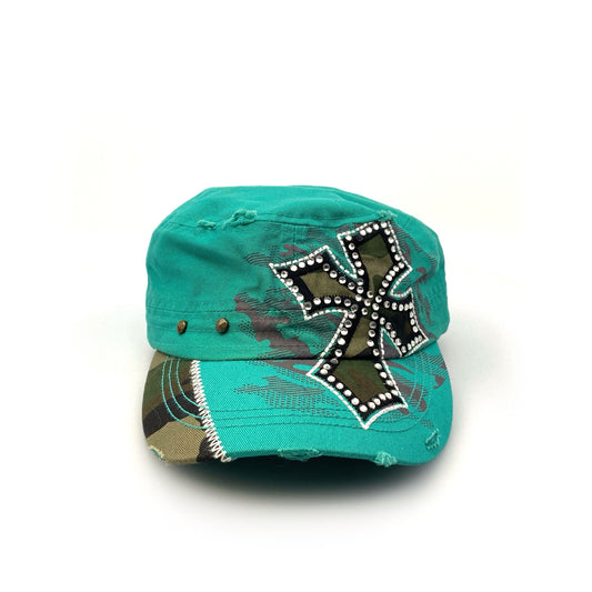 KBEthos Womens Green/Black Cross Beaded Distressed Ballcap Pre-Owned