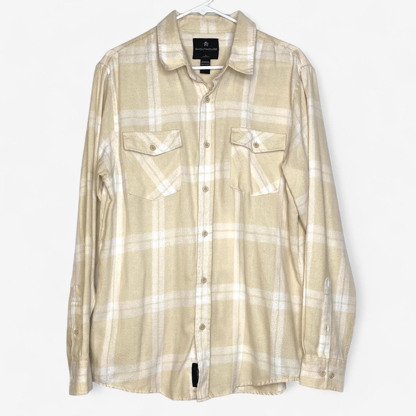 Shouthouse Men's Cream/White Plaid Soft Flannel Long Sleeve Shirt - Size L - Excellent Condition