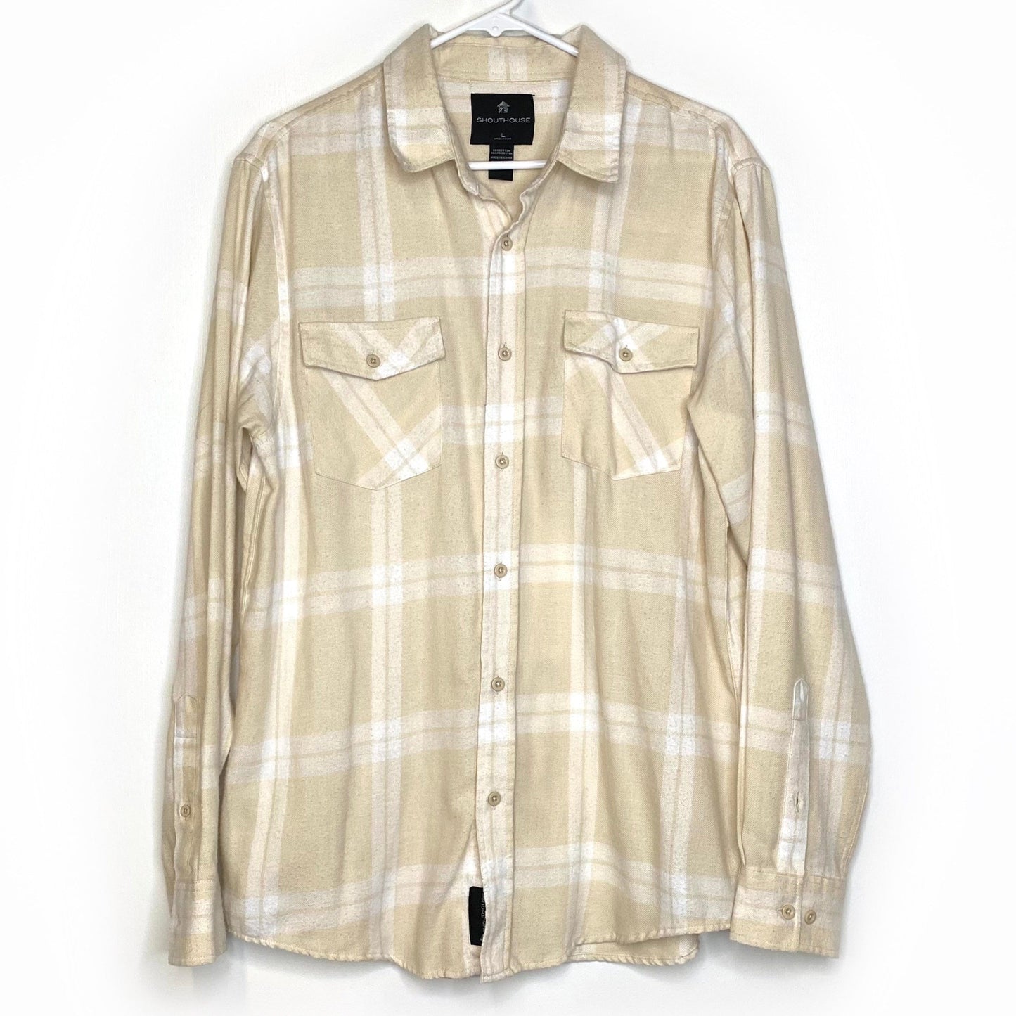 Shouthouse Mens Size L Cream/White Plaid Soft Flannel Shirt L/s