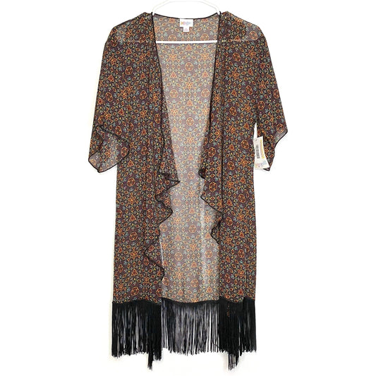 LuLaRoe Womens Size S (0-12) Yellow/Brown/Black Geometric ‘Monroe’ Kimono Fringe Cover-Up NWT