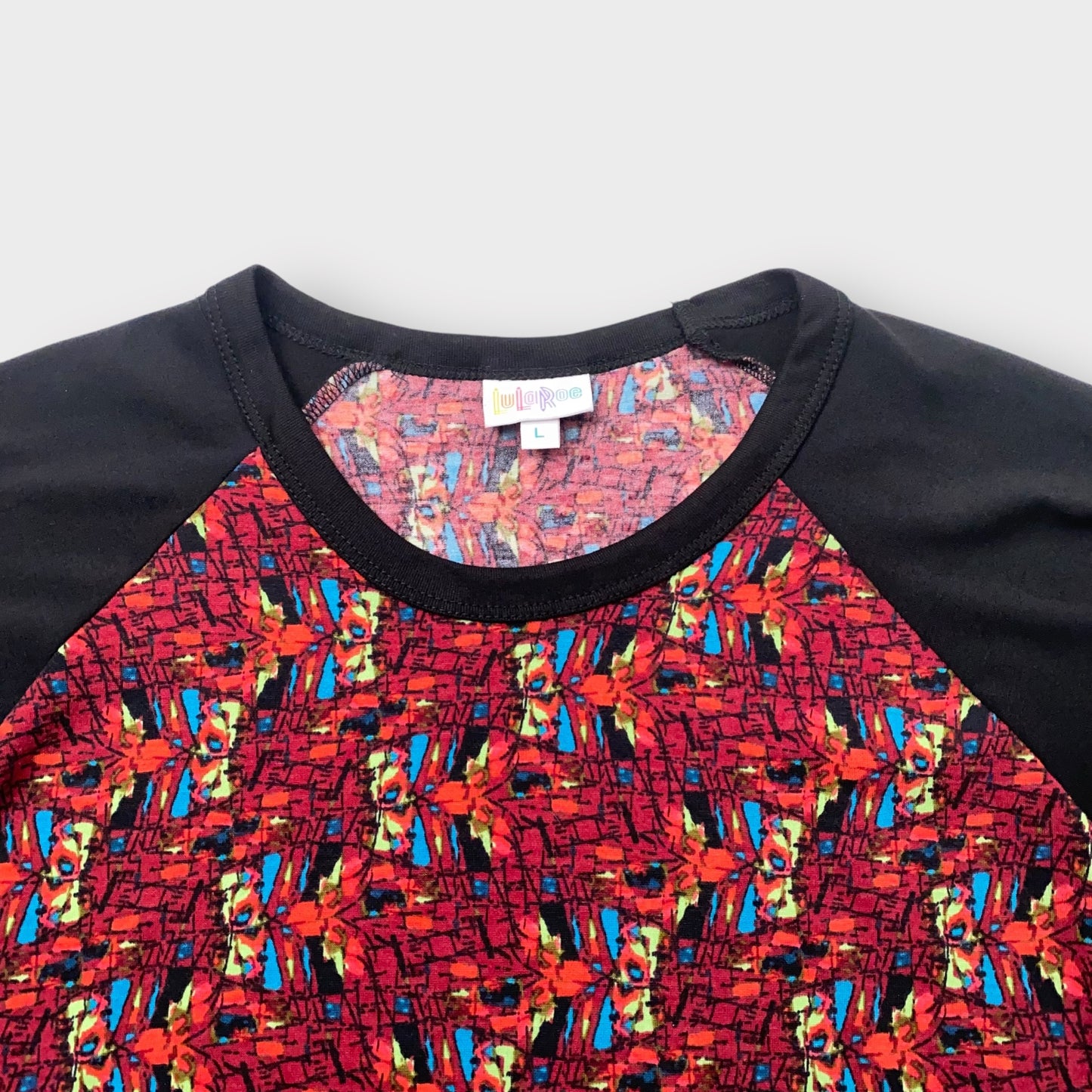 LuLaRoe Randy Baseball Tee L (12-14) - Red/Black Multicolor Abstract Geometric Print - Soft Stretch Fabric