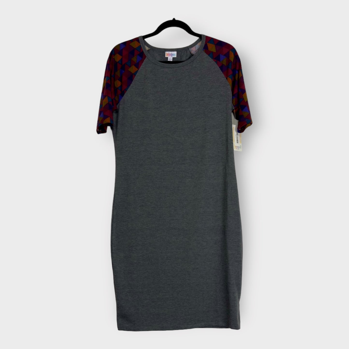 LuLaRoe Julia S/s Bodycon Dress | L (12-14) | Gray/Multicolor Colorblock/Geometric | NWT