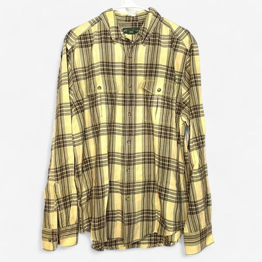 Eddie Bauer Men's Yellow, Black, and Gray Plaid Short Sleeve Button-Up Shirt - Size L