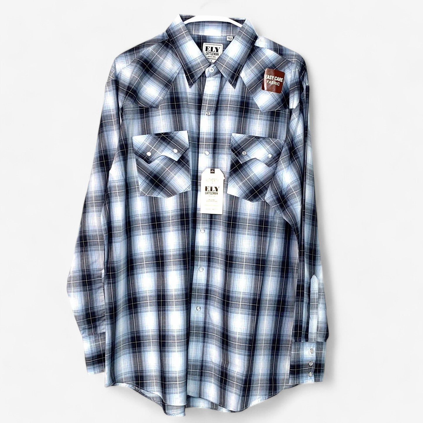 Ely Cattleman Men's Grayish Blue Plaid Western Pearl Snap Shirt - Sizes L & XL - Long Sleeve - New with Tags