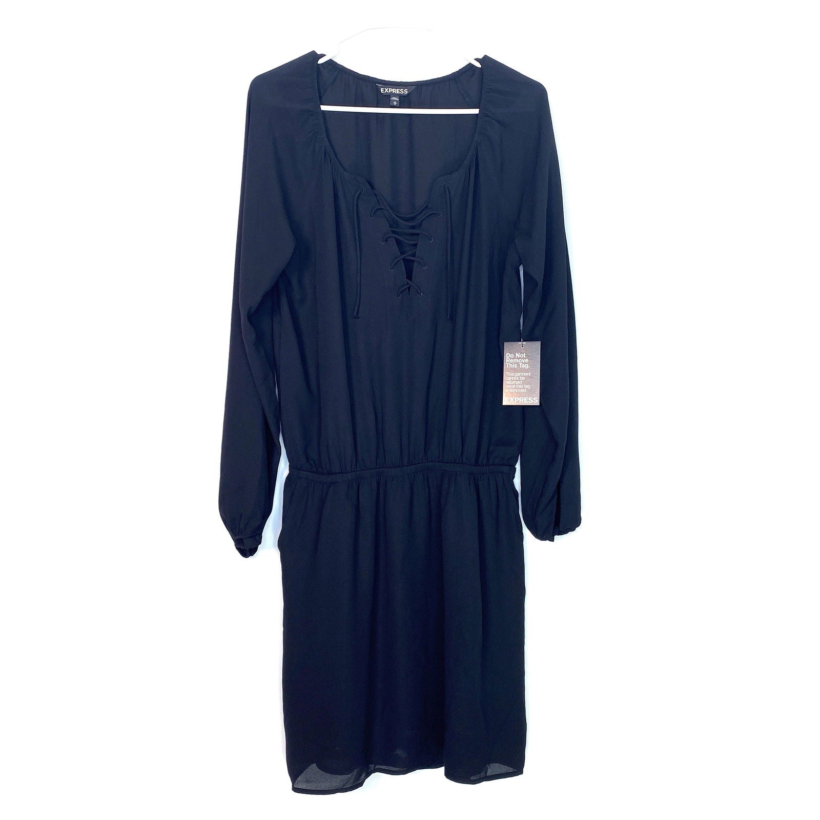 Express Womens Size M Black Long Sleeve Lace Up Knee Length Sheer Dres Parsimony Shoppes