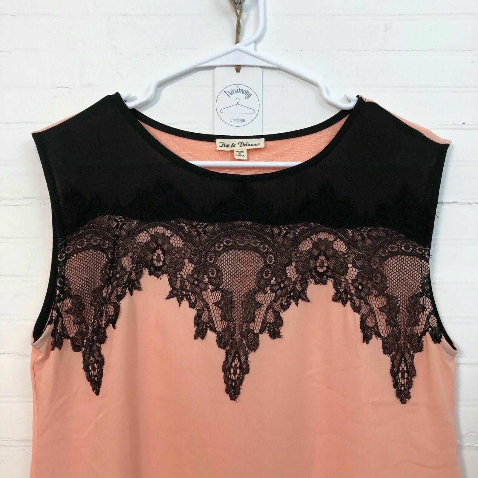 Eye-catching Hot & Delicious Womens Peach Pink Sleeveless Blouse - Black Lace Trim -  | Buy at Parsimony Shoppes