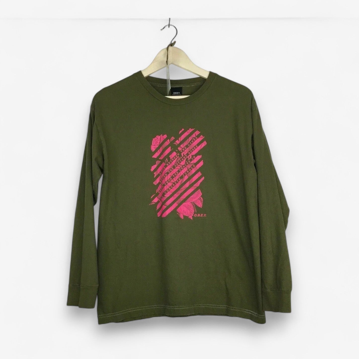 Obey Men's Olive Green Graphic Long Sleeve T-Shirt - Size M - Pre-Owned