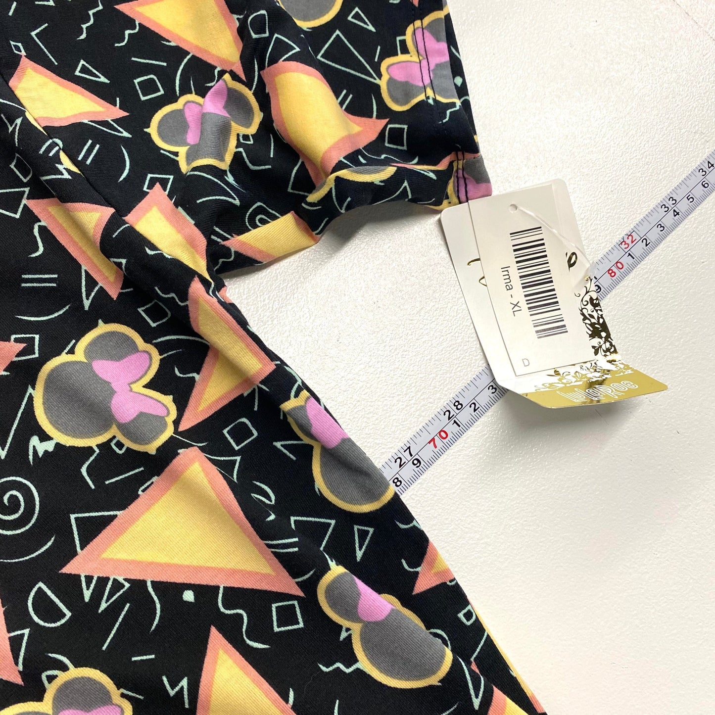 LuLaRoe Womens XL Irma Black/Pink/Yellow ‘Minnie Mouse’ Retro/Triangles Pattern S/s Tunic Top NWT