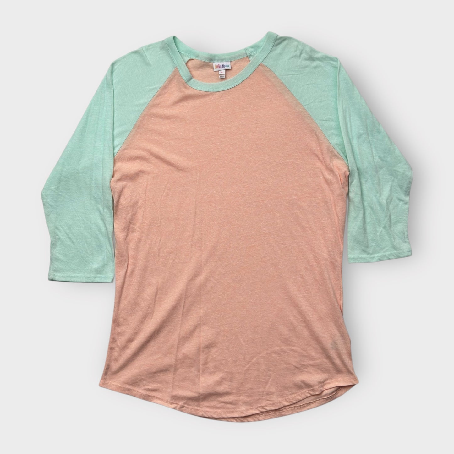 LuLaRoe Randy Baseball Tee XL (16-18) - Peach and Mint Color Block - Soft Stretch Fabric