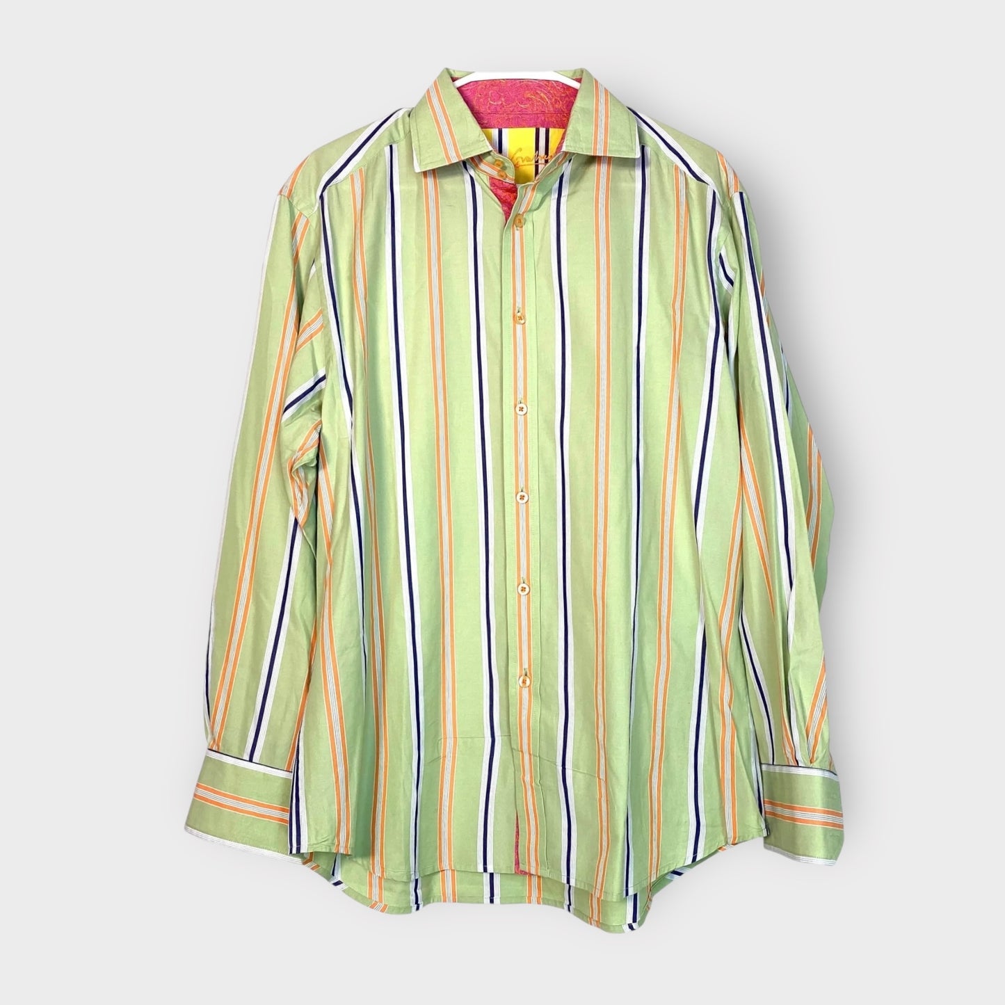 Robert Graham Men's Green Multi-Stripe Button-Up Shirt - 100% Cotton - Size L - Excellent Condition