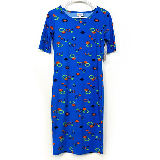 LuLaRoe Womens XS Blue Abstract Shapes Julia Shift Dress Scoop Neck ½ Sleeves NWT
