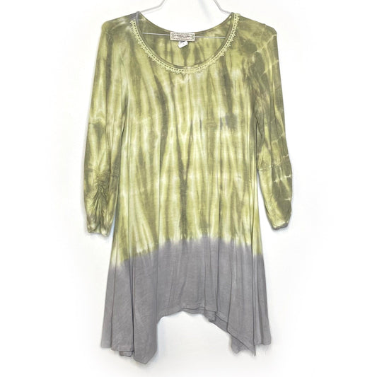 Nature Art Lynn Yang Womens Size M Green/Gray Tie Dye + Lace L/s Tunic Top EUC