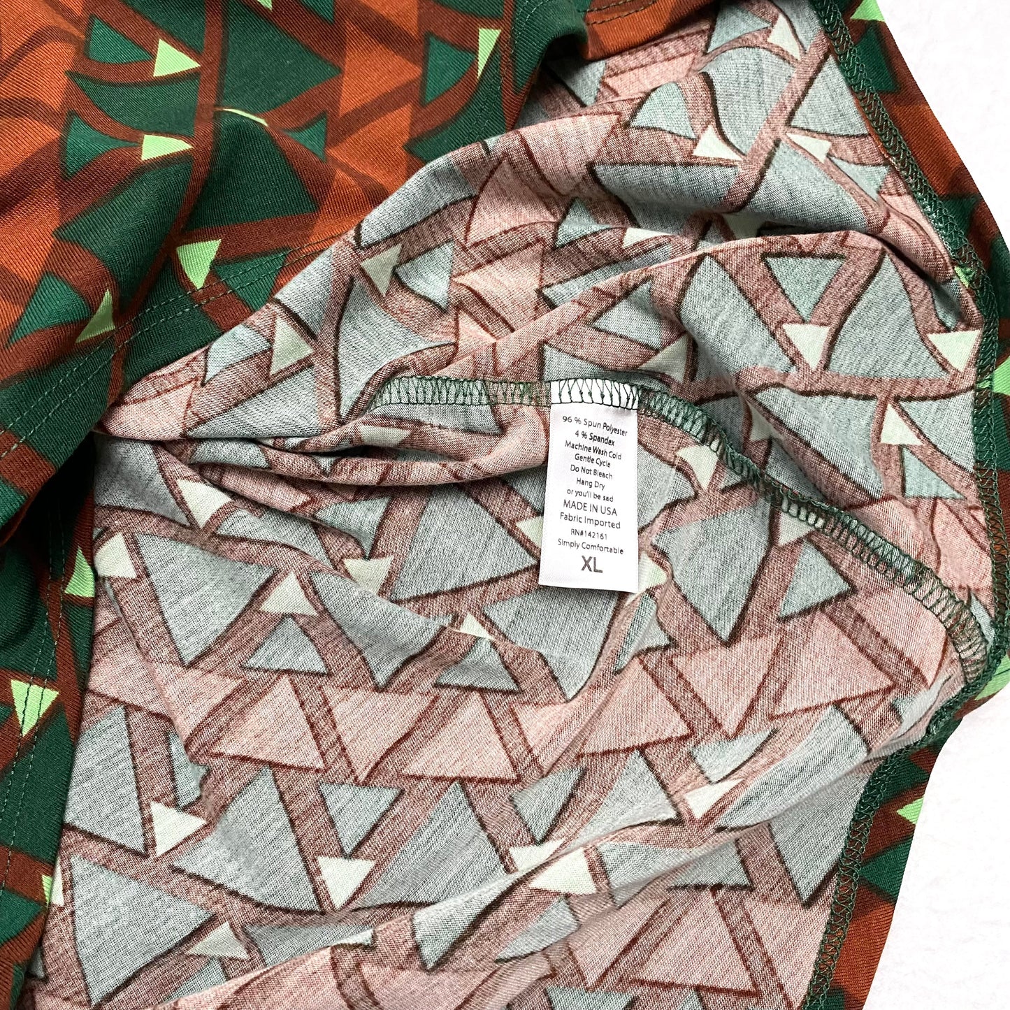 LuLaRoe Irma High-Low S/s Tunic | XL (18-20) | Brown/Green Triangles Geometric | NWT