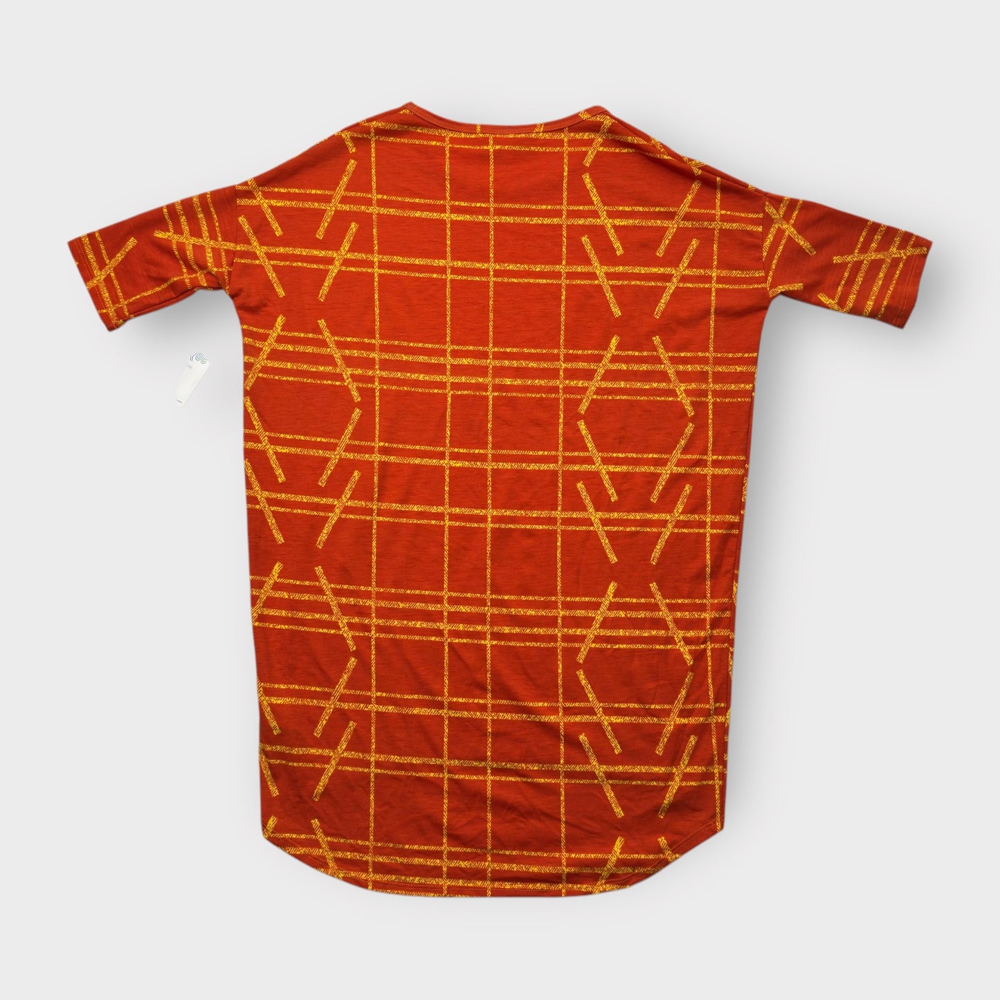 LuLaRoe Irma Tunic Top - Rust Orange & Yellow Geometric Plaid - XXS (00) - Soft Stretch Knit - High-Low Hem