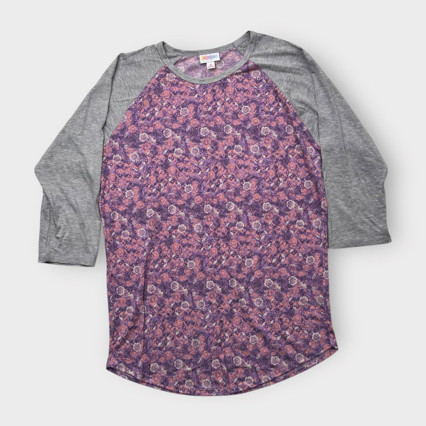 LuLaRoe Randy Baseball Tee - M (8-10) - Purple & Pink Floral Paisley Print - Heather Gray Sleeves