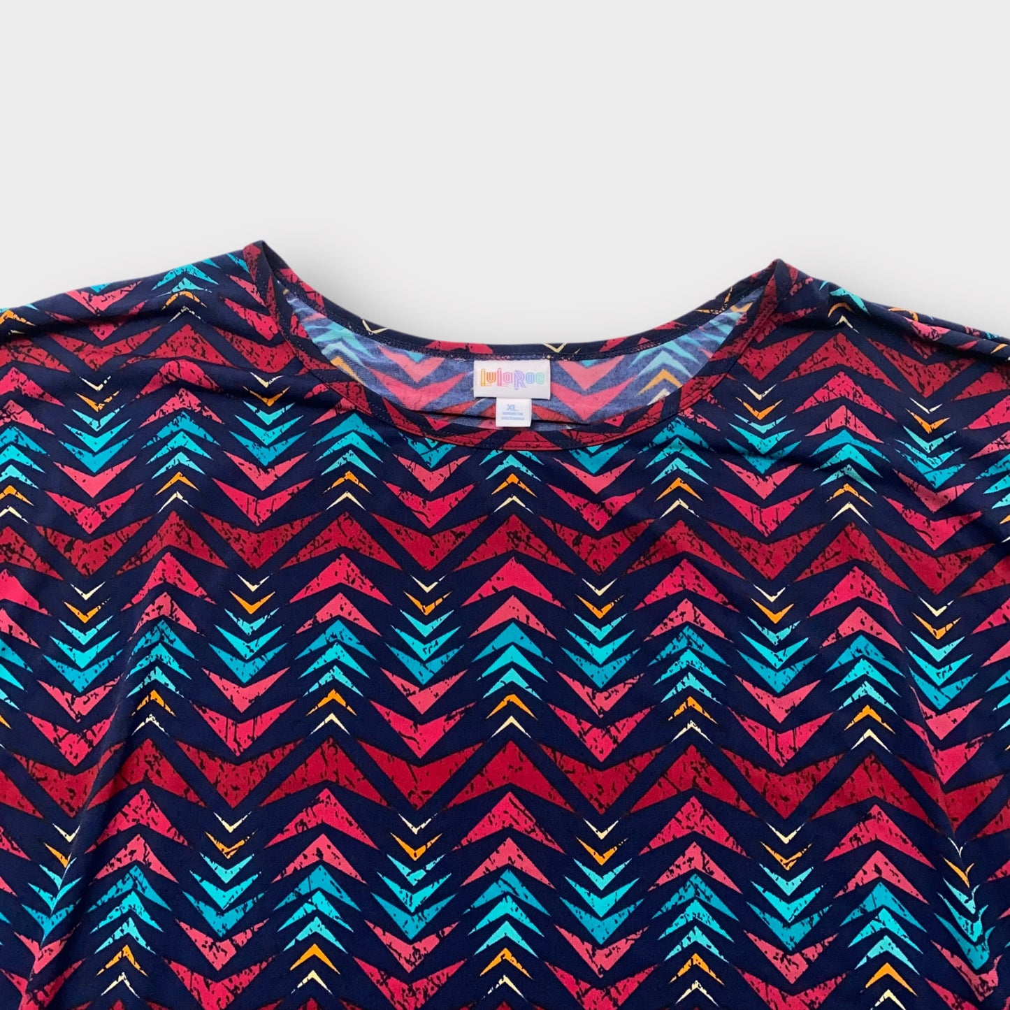 LuLaRoe Irma Tunic Top - Navy Blue with Red, Teal & Yellow Chevron Print - XL (16-18) - Soft Stretch Polyester Spandex - High-Low Hem