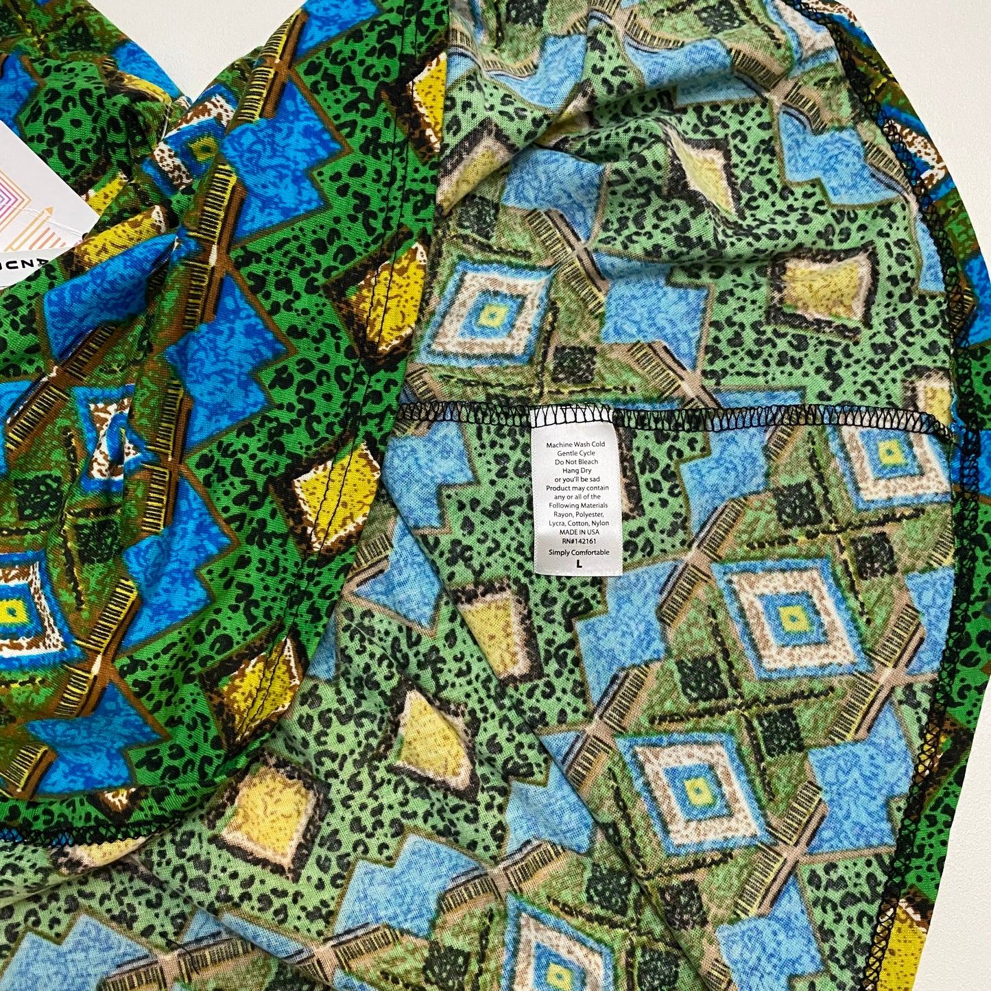 LuLaRoe Azure A-Line Skirt | L (10-12) | Green/Blue/Yellow Geometric | NWT