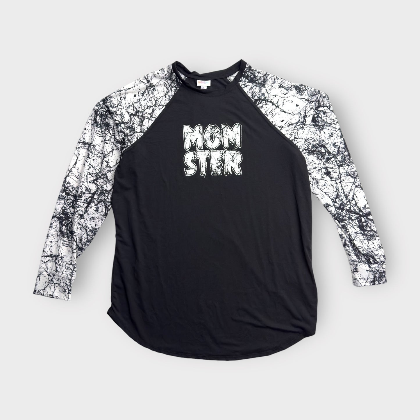 LuLaRoe Erin Womens Raglan Tunic | L (12-14) | Black/White with “Momster” Glow-in-the-Dark Graphic | NWT