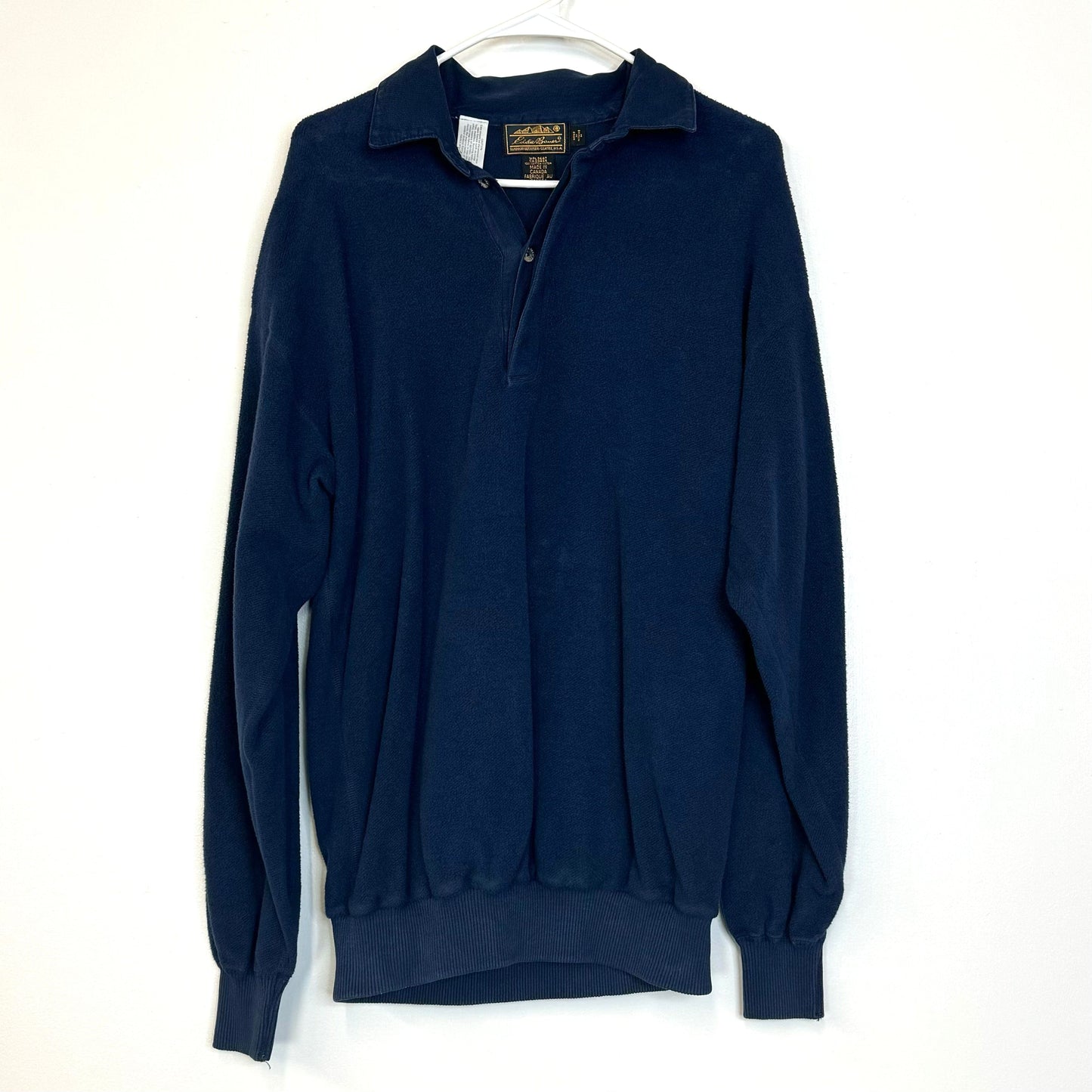 Vintage Eddie Bauer Mens Size M Blue Fleece 2-Button Collared Sweatshirt, Pre-Owned