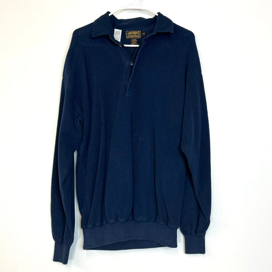 Vintage Eddie Bauer Mens Size M Blue Fleece 2-Button Collared Sweatshirt, EUC