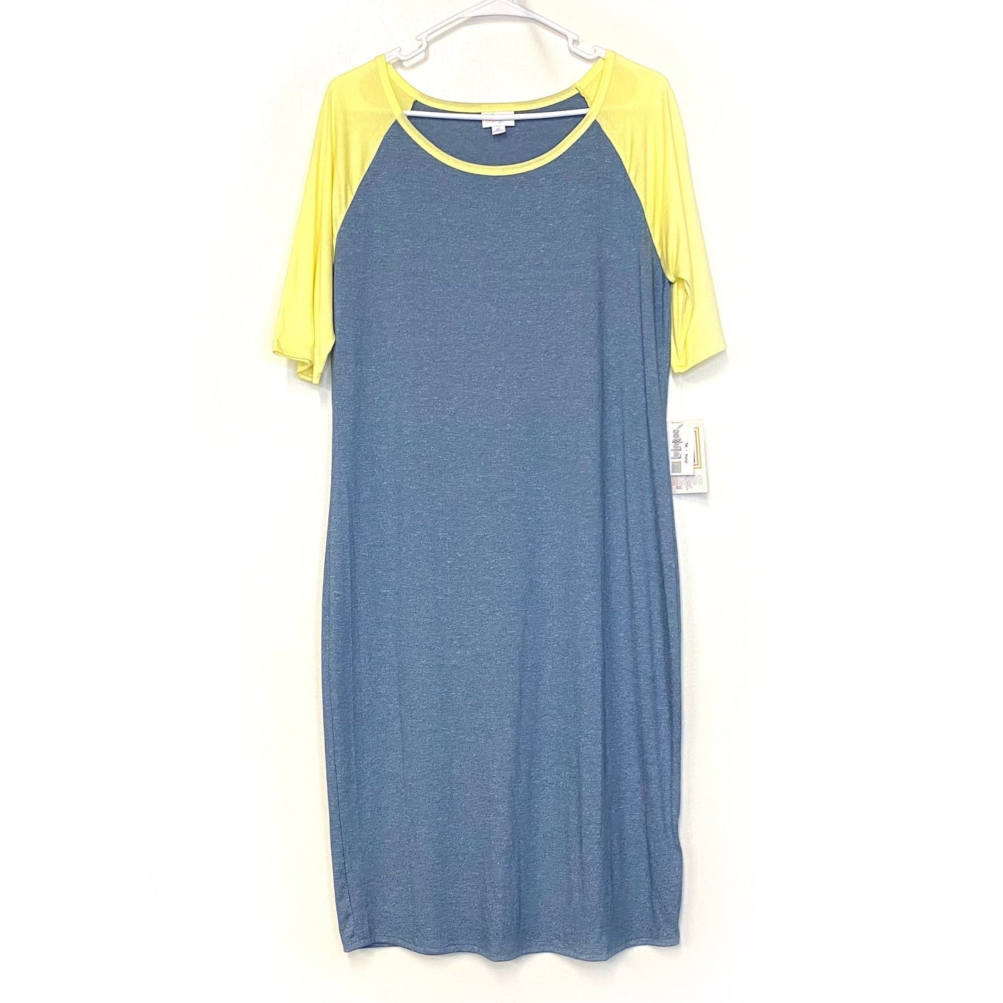 LuLaRoe Womens XL Yellow/Blue Julia Dress Scoop Neck ½ Sleeves NWT