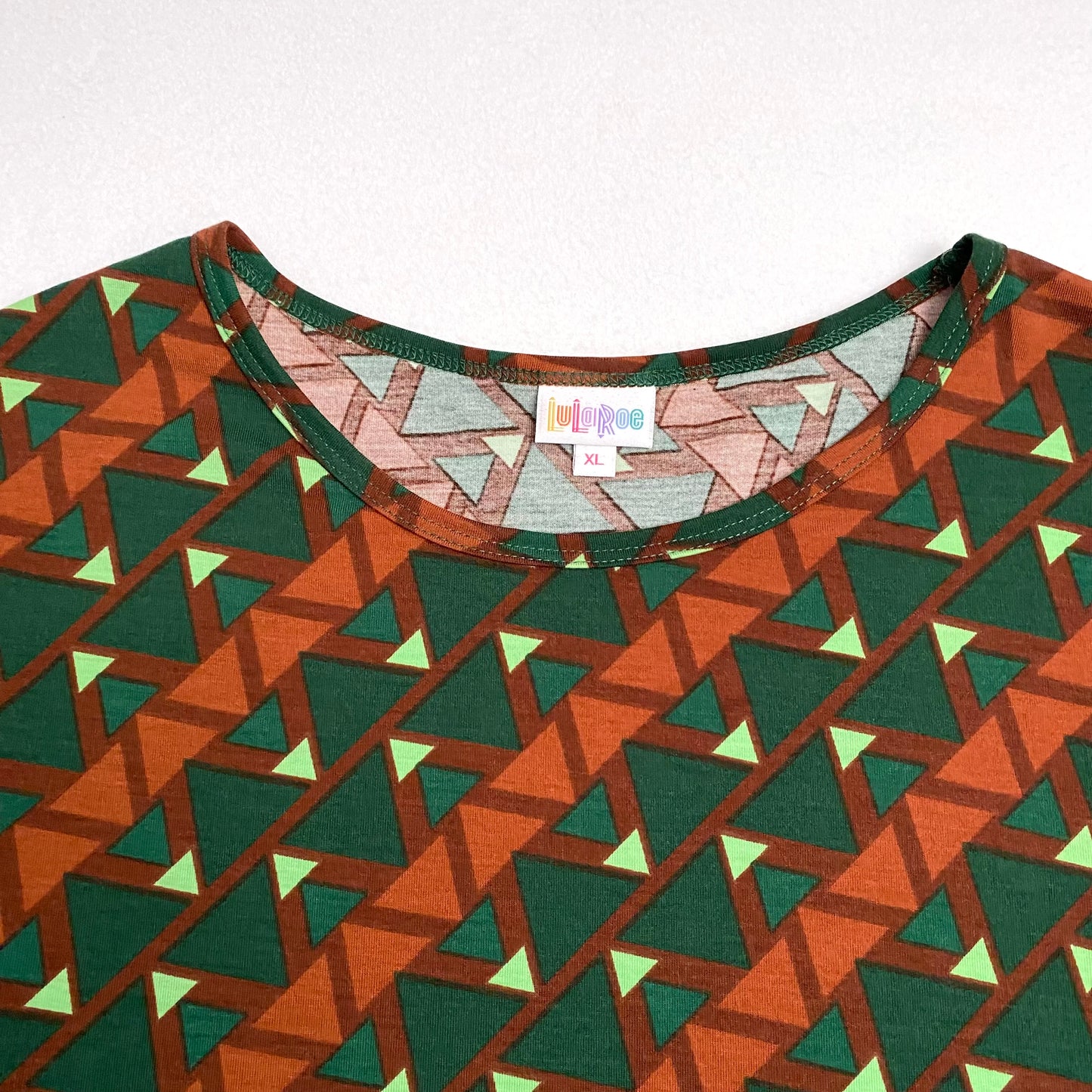 LuLaRoe Irma High-Low S/s Tunic | XL (18-20) | Brown/Green Triangles Geometric | NWT