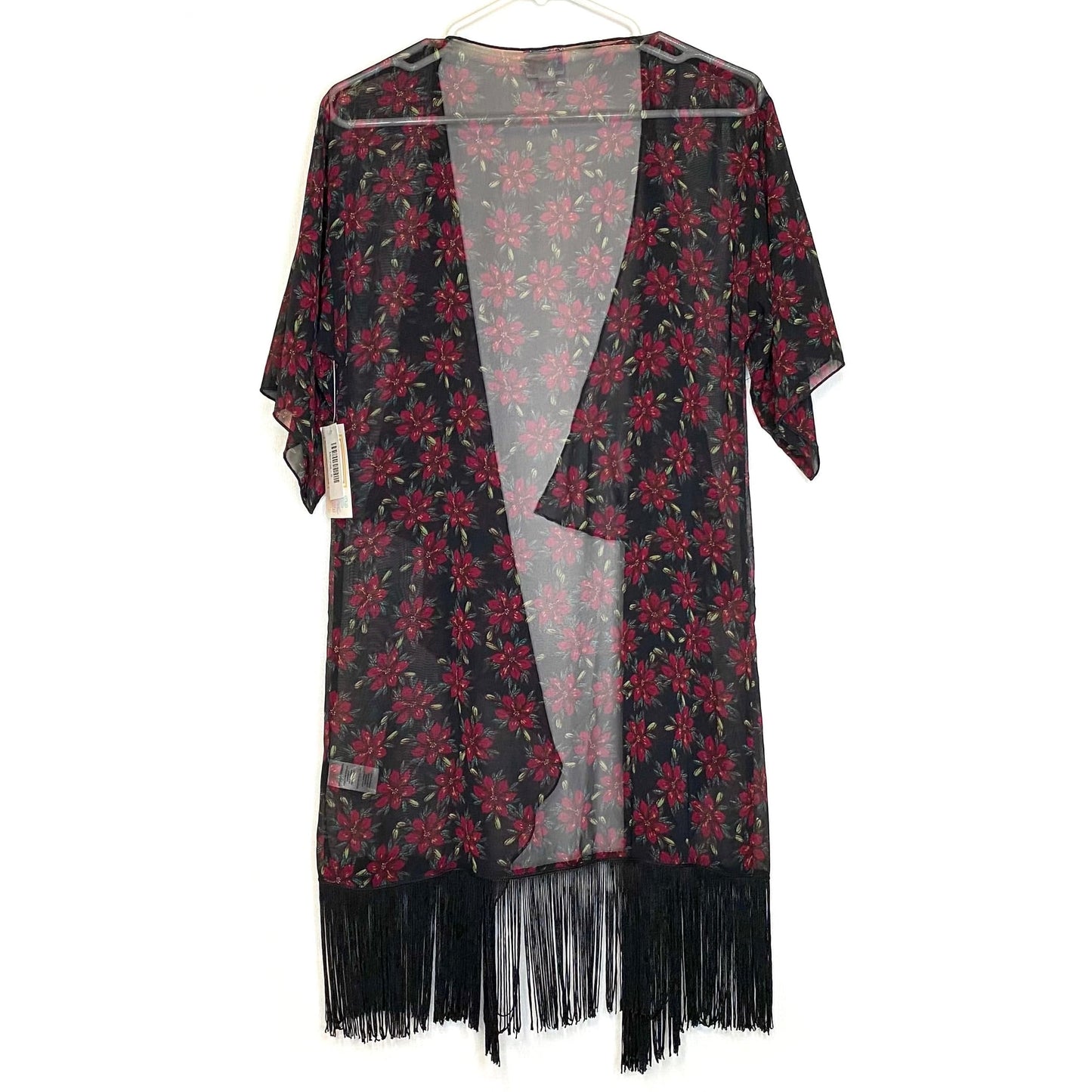 LuLaRoe Womens Size S (0-12) Red/Black Floral ‘Monroe’ Kimono Fringe Cover-Up NWT