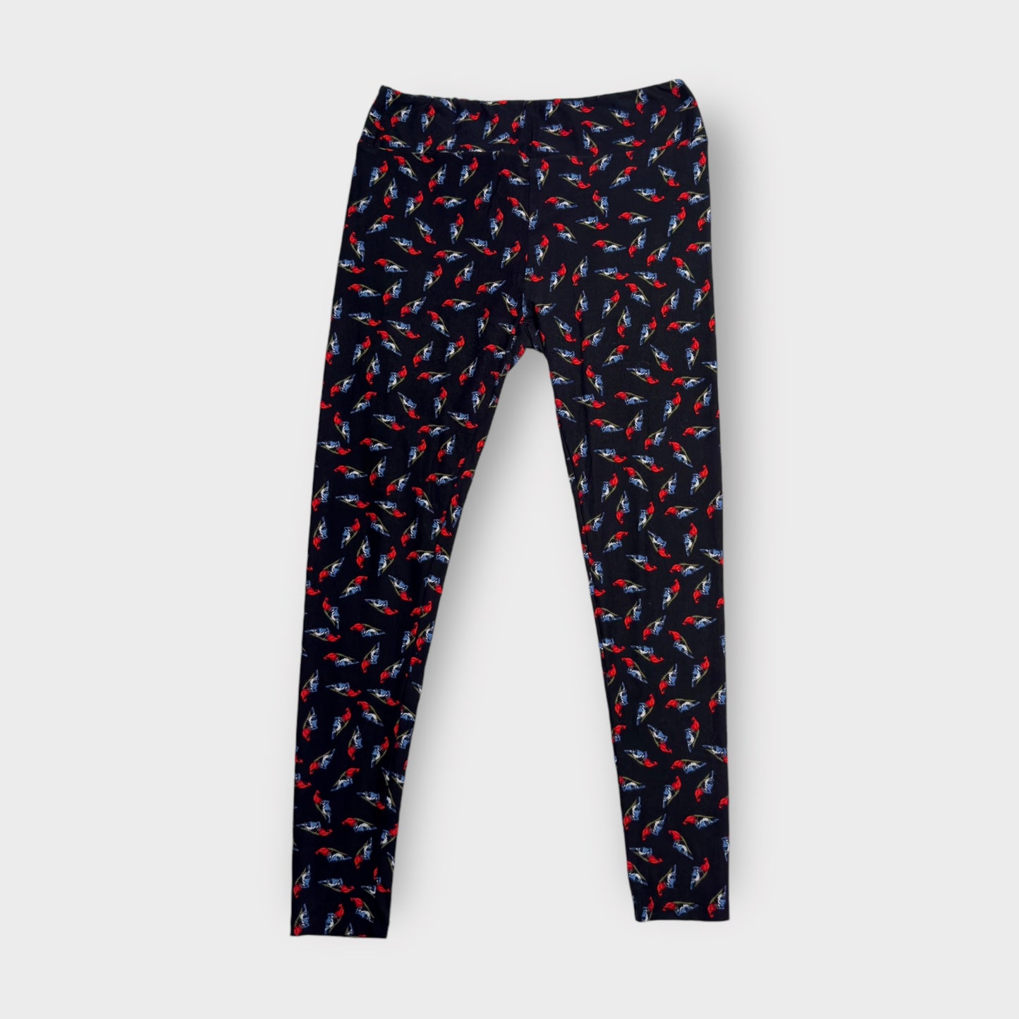 LuLaRoe Womens Leggings | TC (12-18) | Black with Red and Blue Bird Print | Soft & Stretchy | New