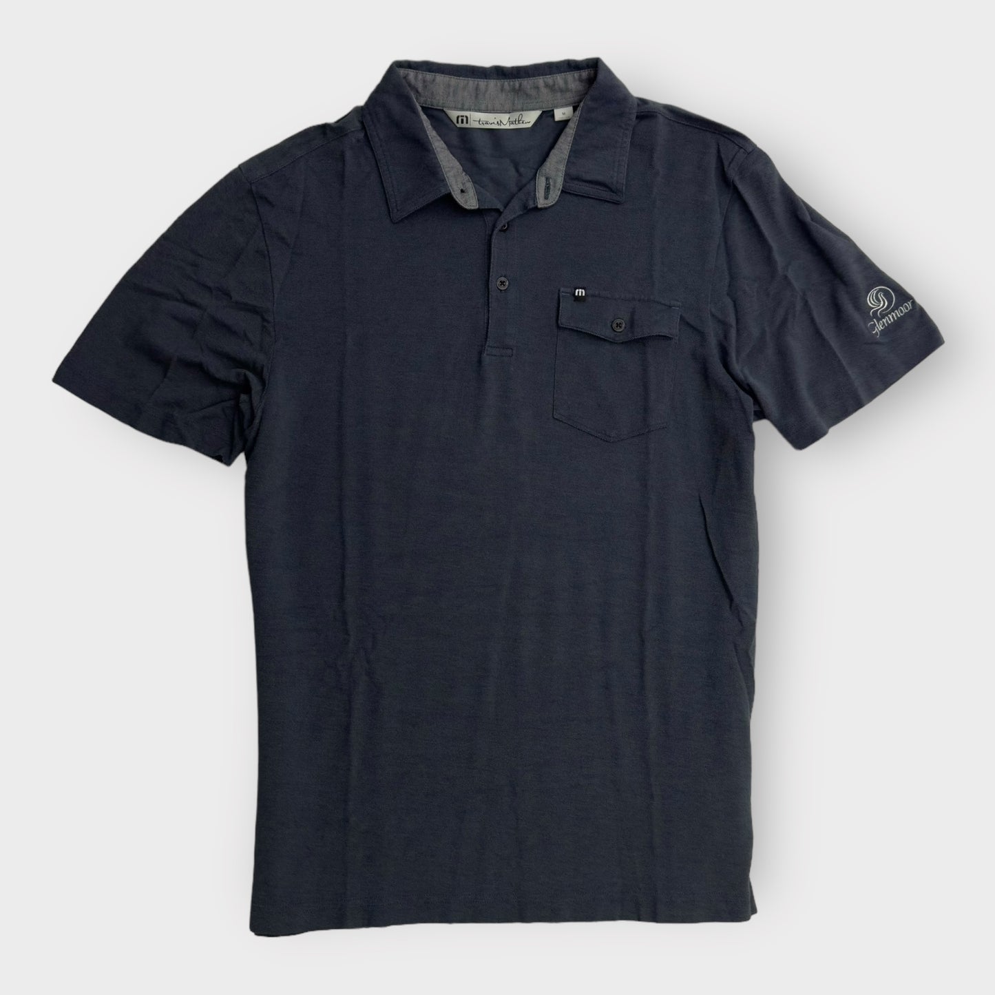 TravisMathew Mens S/s Polo Golf Shirt | M | Blue ‘Glenmoor’ Logo | EUC