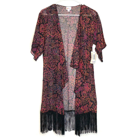 LuLaRoe Womens Size S (0-12) Red/Black Floral ‘Monroe’ Kimono Fringe Cover-Up NWT