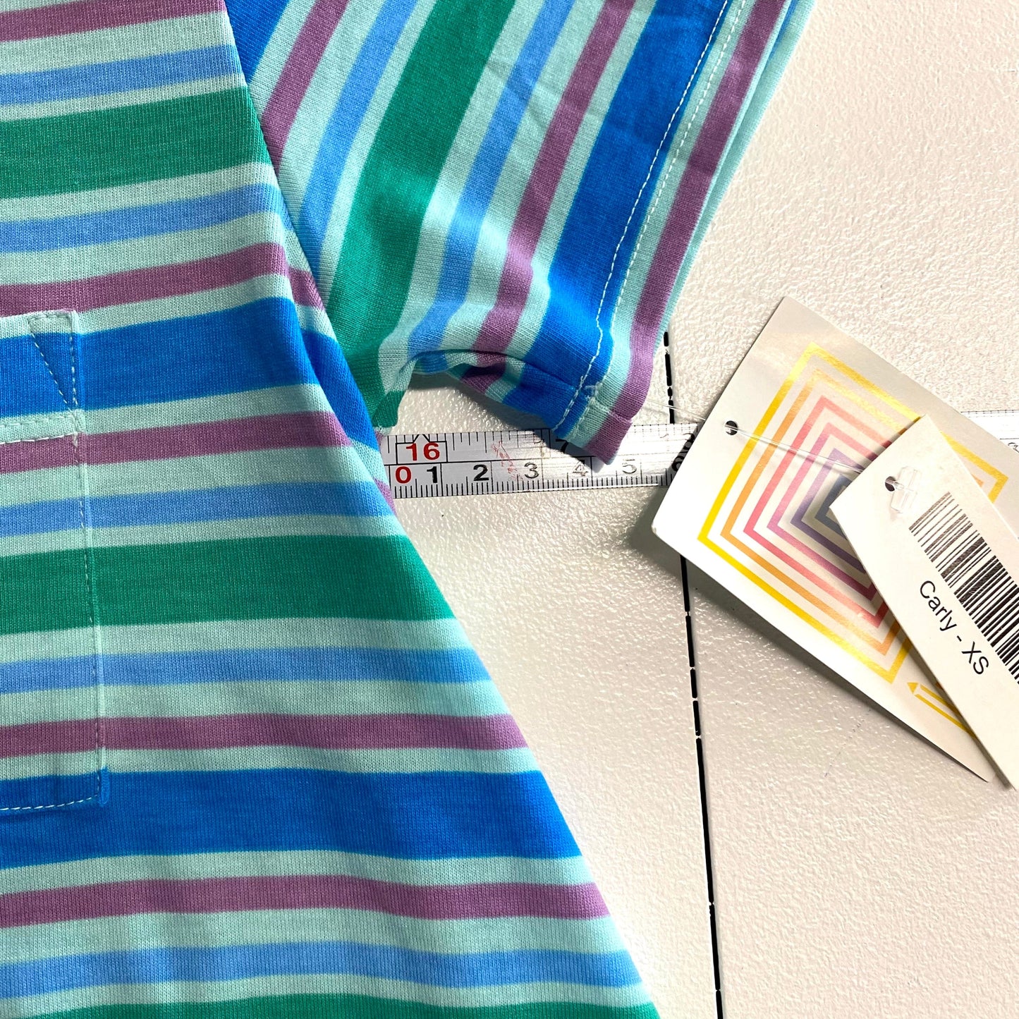 LuLaRoe Womens XS Purple/Blue/Green Regent Stripes 'Carly' S/s Swing Dress NWT