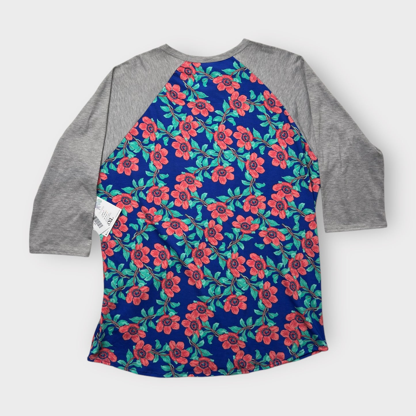 LuLaRoe Randy Baseball Tee 3XL (24-26) - Navy Blue with Coral Floral Print & Heather Gray Sleeves - Soft Stretch Fabric