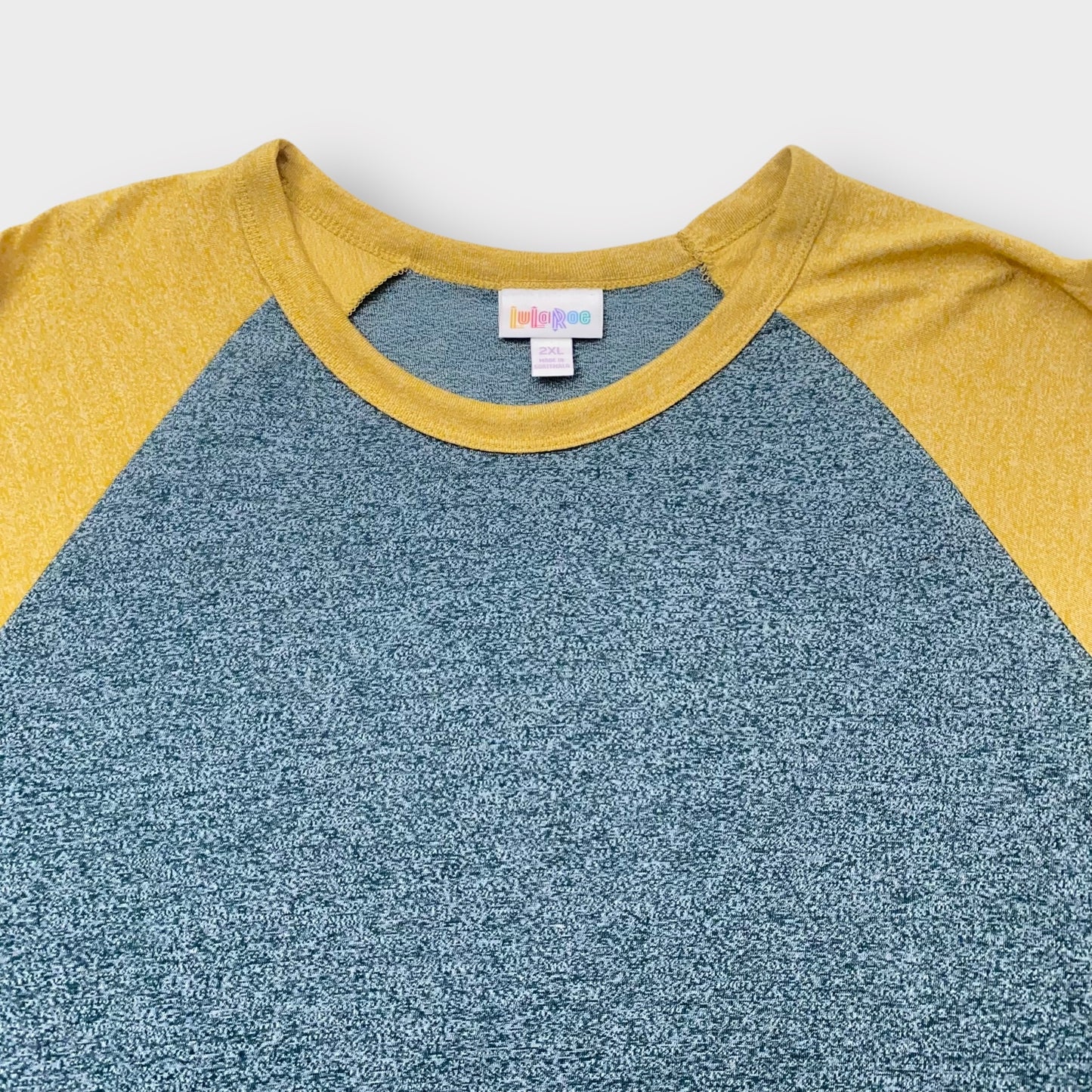 LuLaRoe Randy Baseball Tee 2XL (20-22) - Heathered Charcoal Gray with Mustard Yellow Sleeves - Soft Stretch Fabric