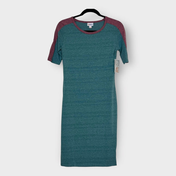 LuLaRoe Julia Bodycon Dress XS | Green/Purple Ringer Style