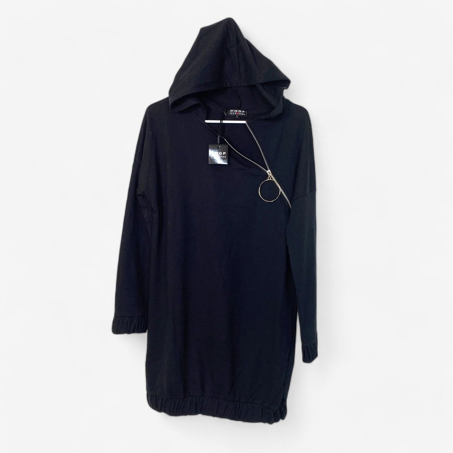 Poof Women's Black Fleece Pullover Hoodie with Zip Collar - Long Sleeve - Size L - New with Tags