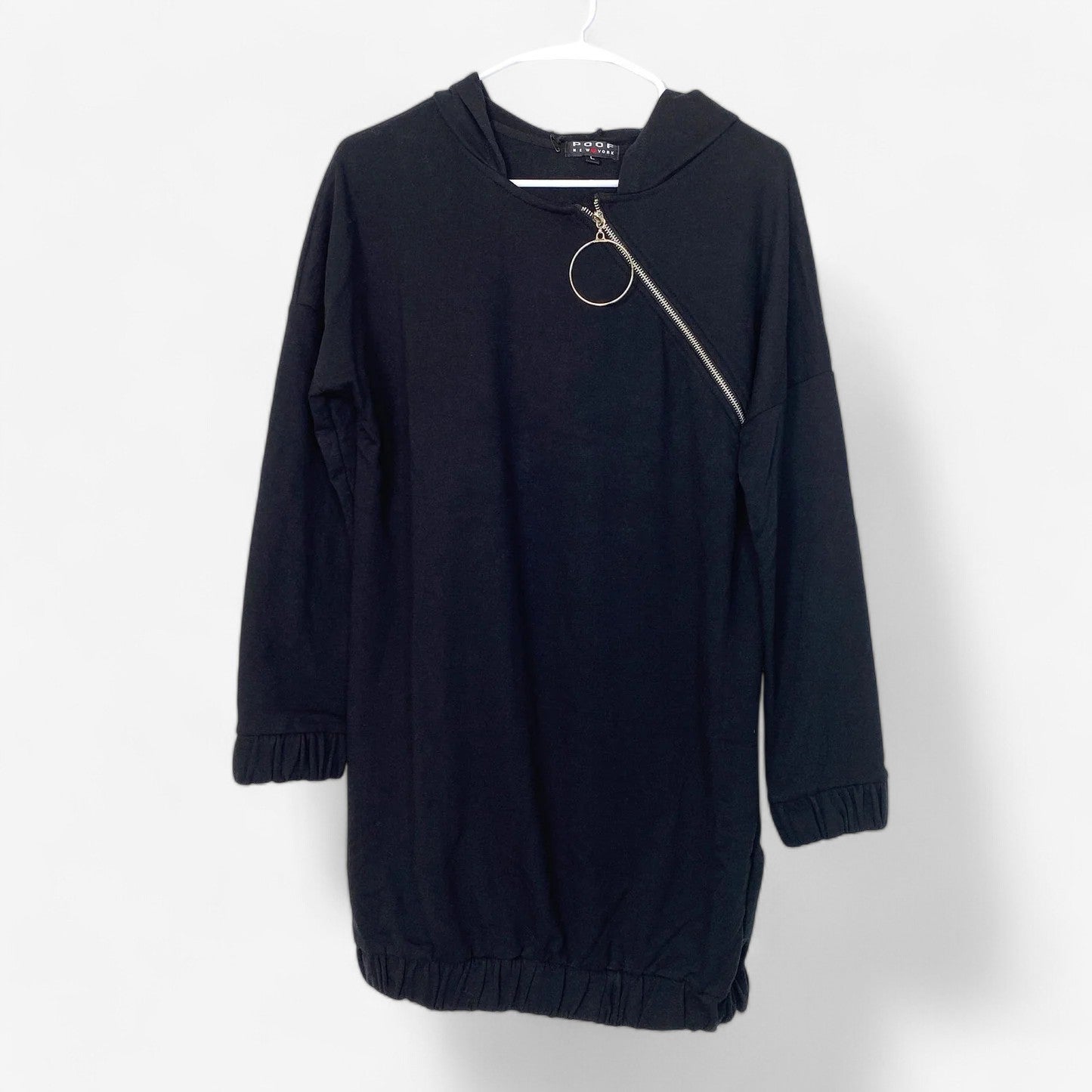 Poof Women's Black Fleece Pullover Hoodie with Zip Collar - Long Sleeve - Size L - New with Tags