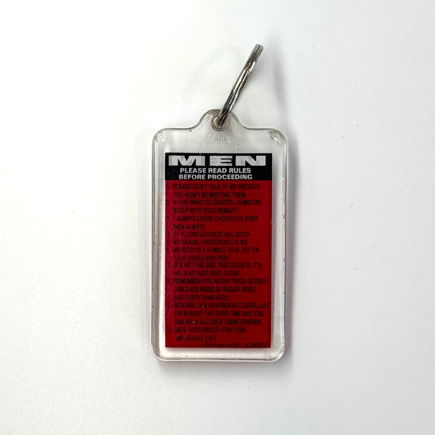 Vintage Novelty Adult Humor Keychain “Rules for MEN” Key Ring Rectangle Clear Acrylic