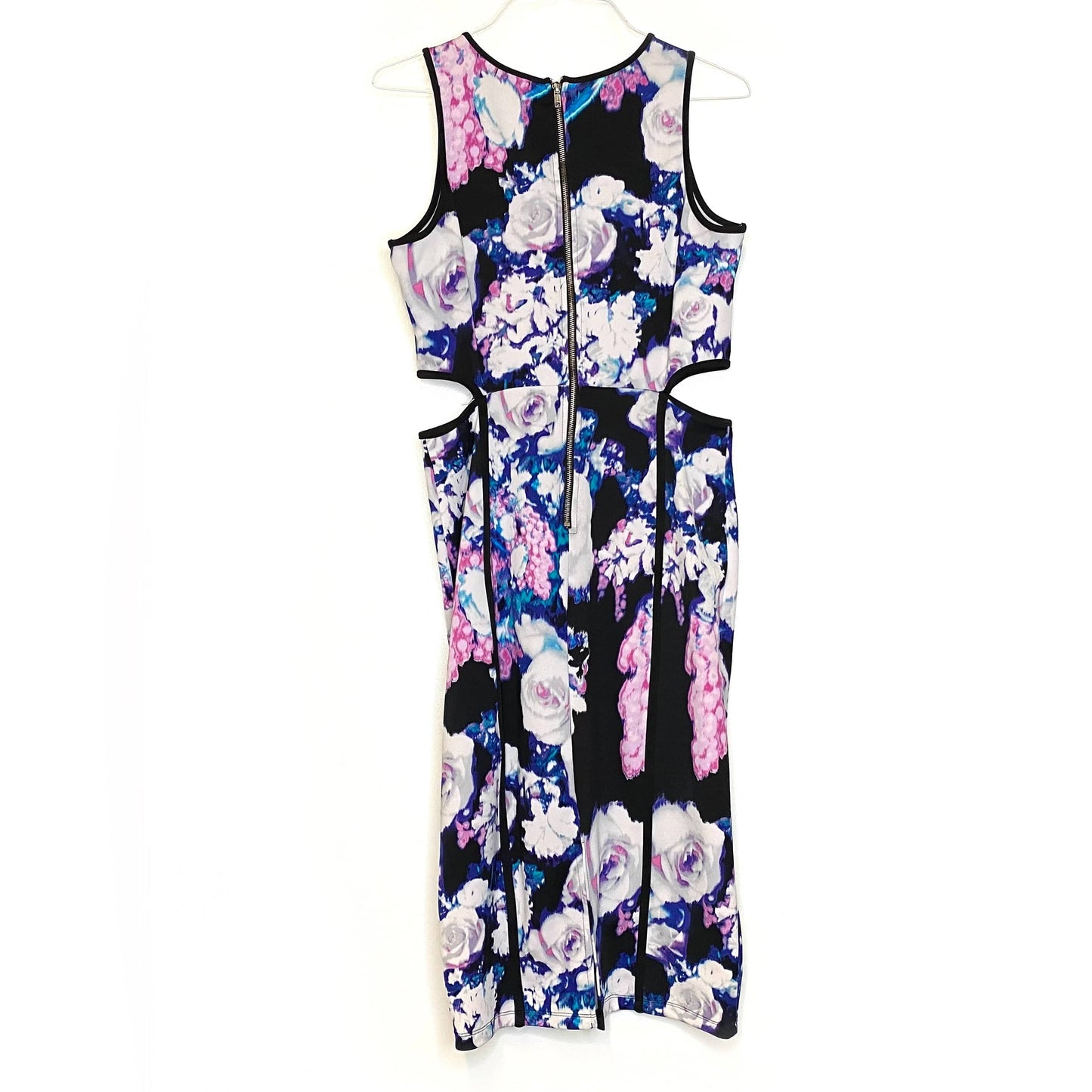 I Heart Ronson Womens Size L White/Black/Blue Floral Bodycon Cutout Dress Knee Length