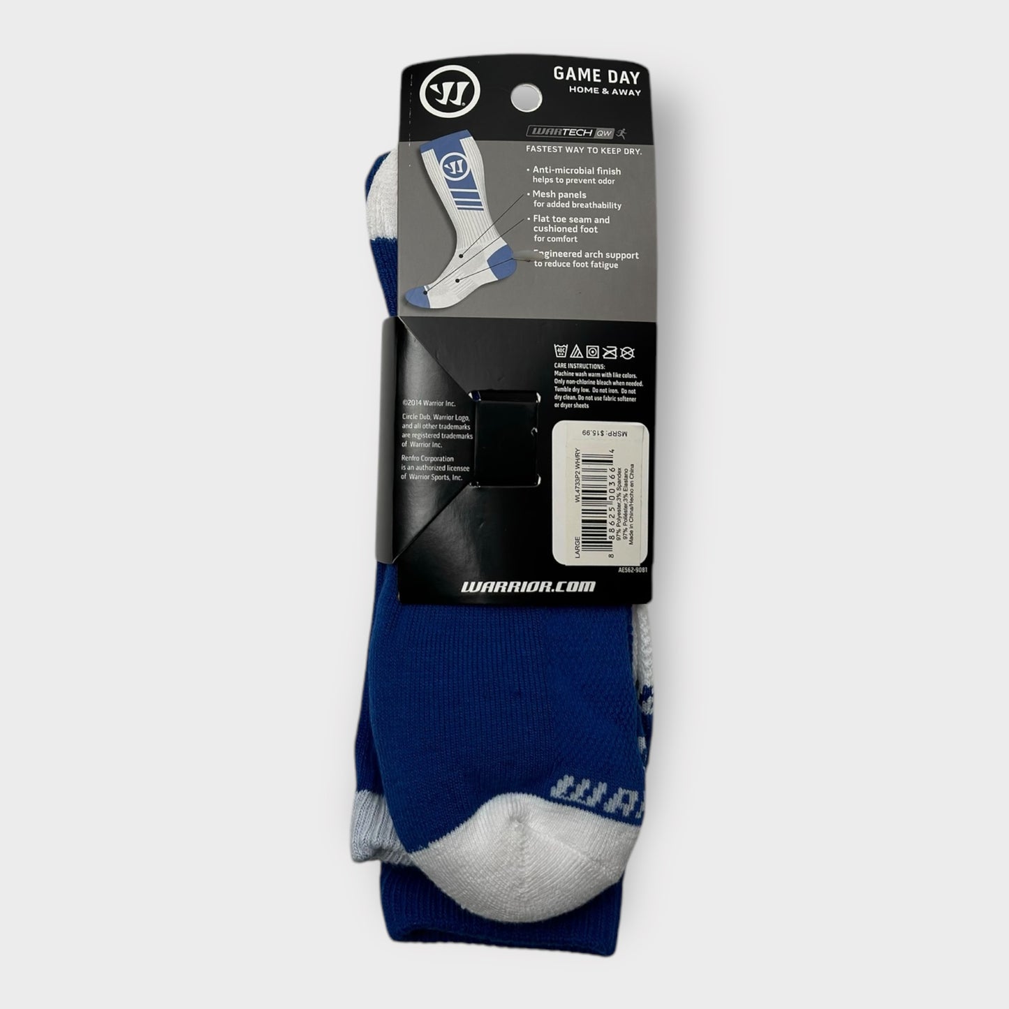 Warrior Lacrosse Game Day Crew Socks | 2-Pair Large (9-12.5) | Blue/White Stripe | New