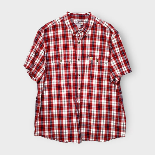 Carhartt Men's Button-Up Short Sleeve Plaid Shirt - Red/White - Size 2XL - Pre-Owned