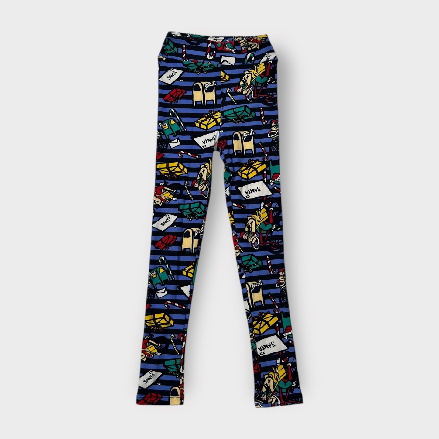 LuLaRoe Kids' L/XL Christmas Leggings - Blue Striped Santa Mailbox Print