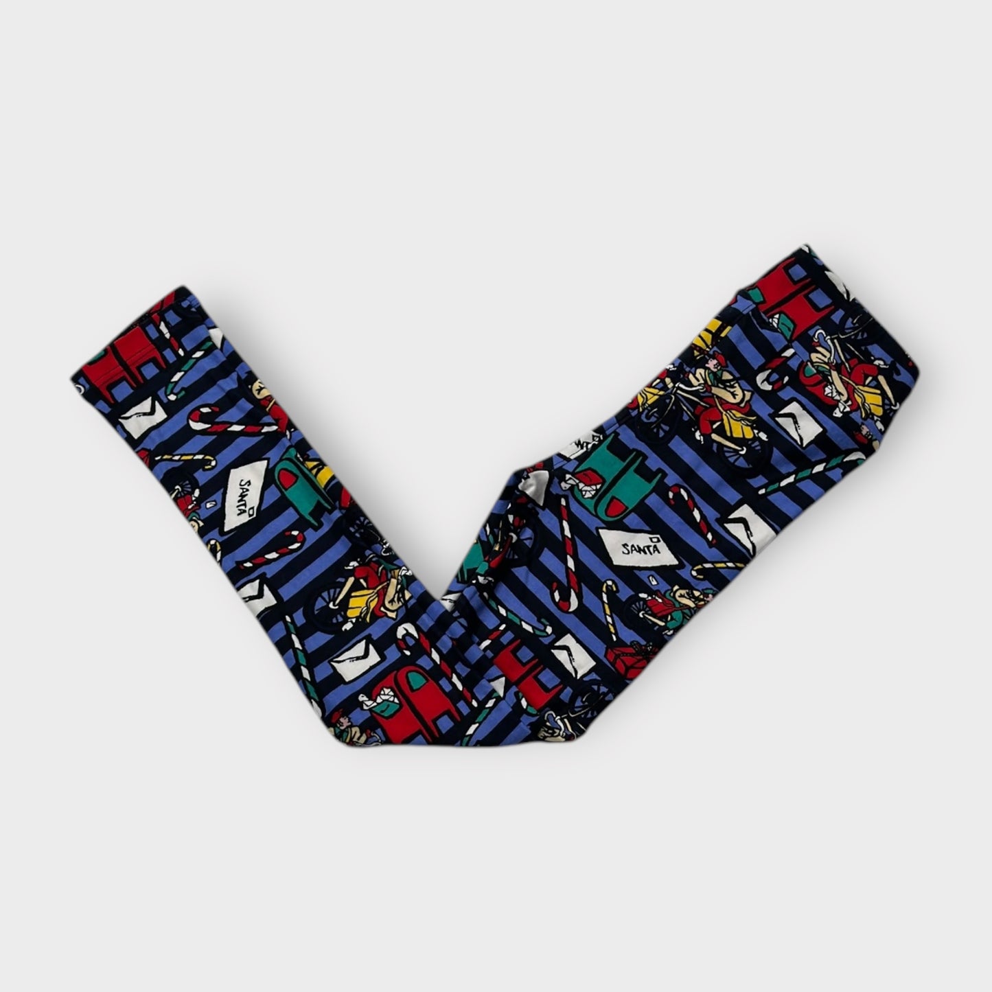 LuLaRoe Kids' L/XL Christmas Leggings - Blue Striped Santa Mailbox Print