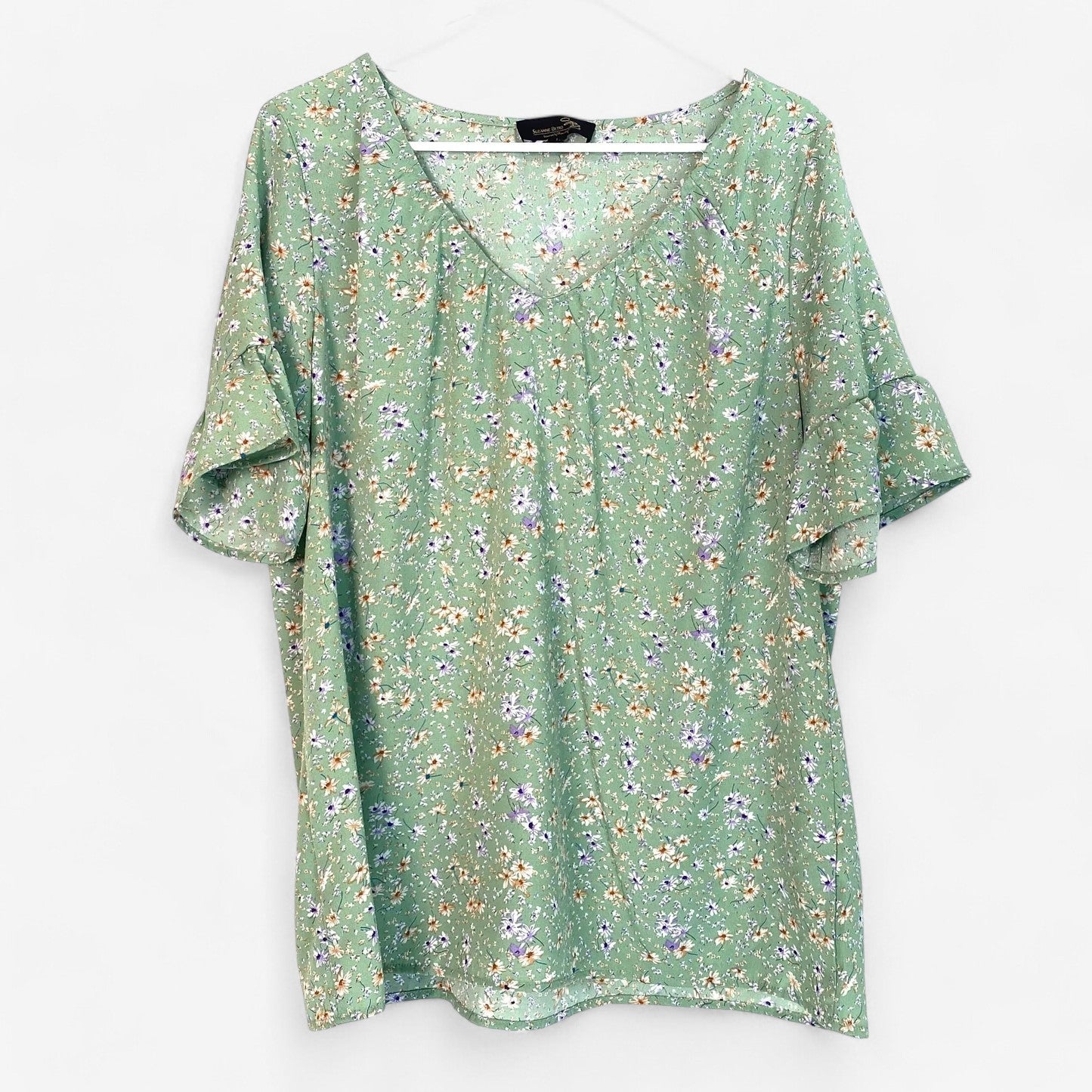 Suzanne Betro Women's Green Floral Blouse - Short Sleeve - Size L