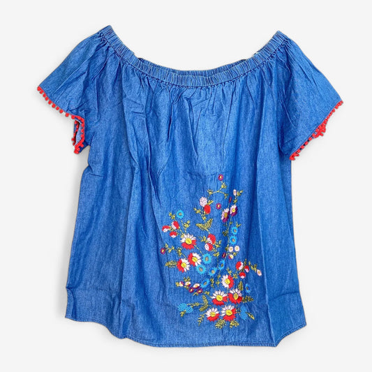 Hester & Orchard Women's Blue Top with Red Fringe Flowers - Size M