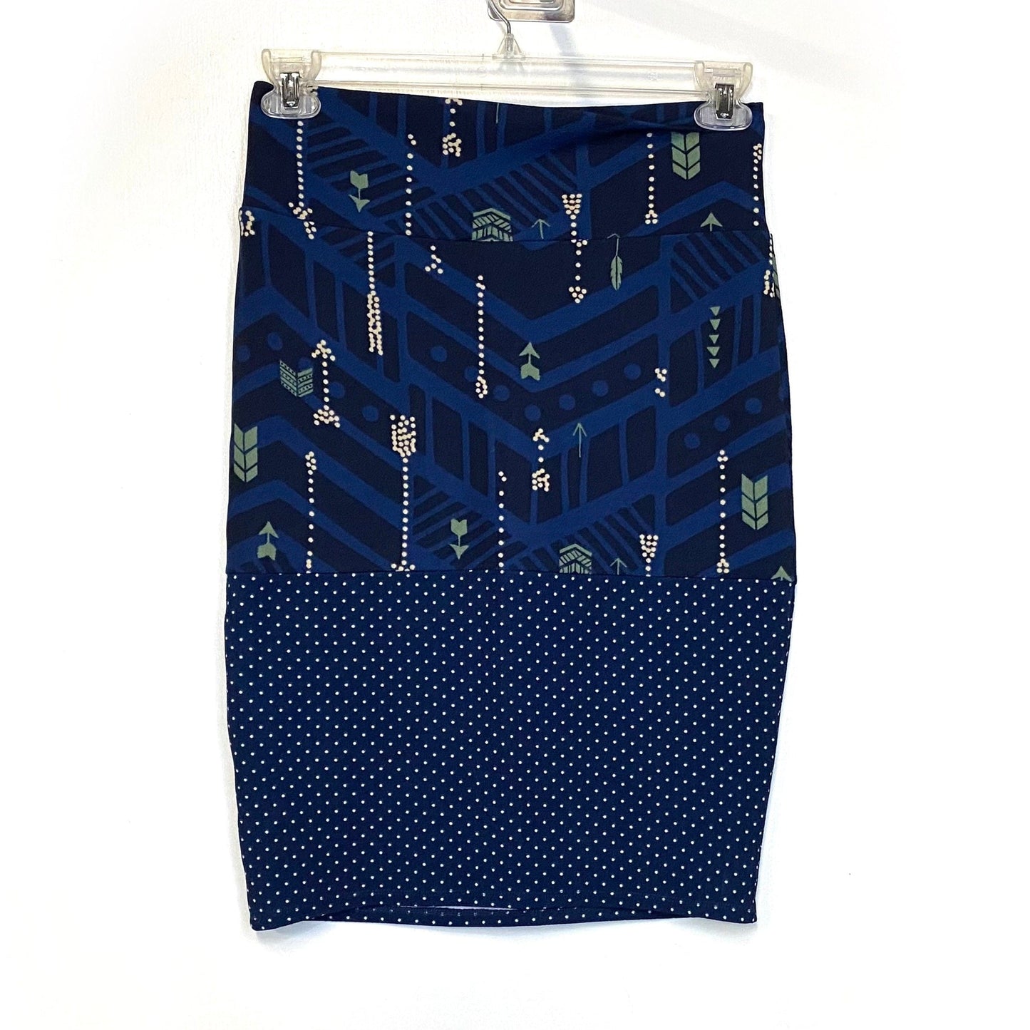 LuLaRoe Womens S Cassie Skirt Denim Green/Cream/Blue Arrows NWT