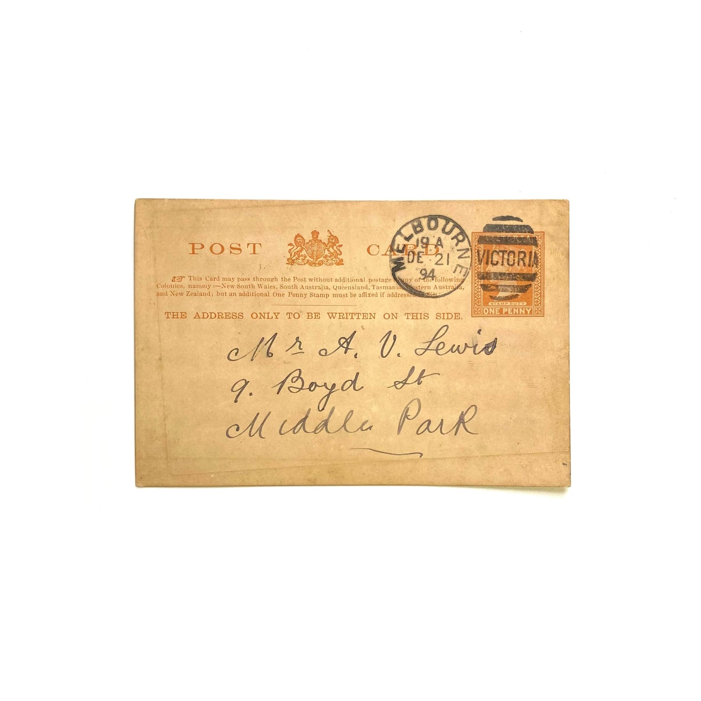Antique Post Card - Melbourne Australia, Dec 1894 - One Penny