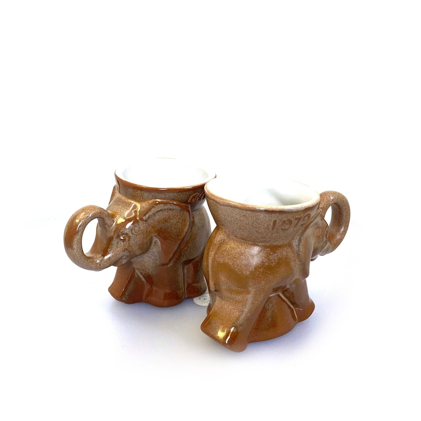 Vintage Frankoma 1979 Republican GOP Elephant Mugs Coffee Cups, Brown Drip Glaze Set of 2 NOS