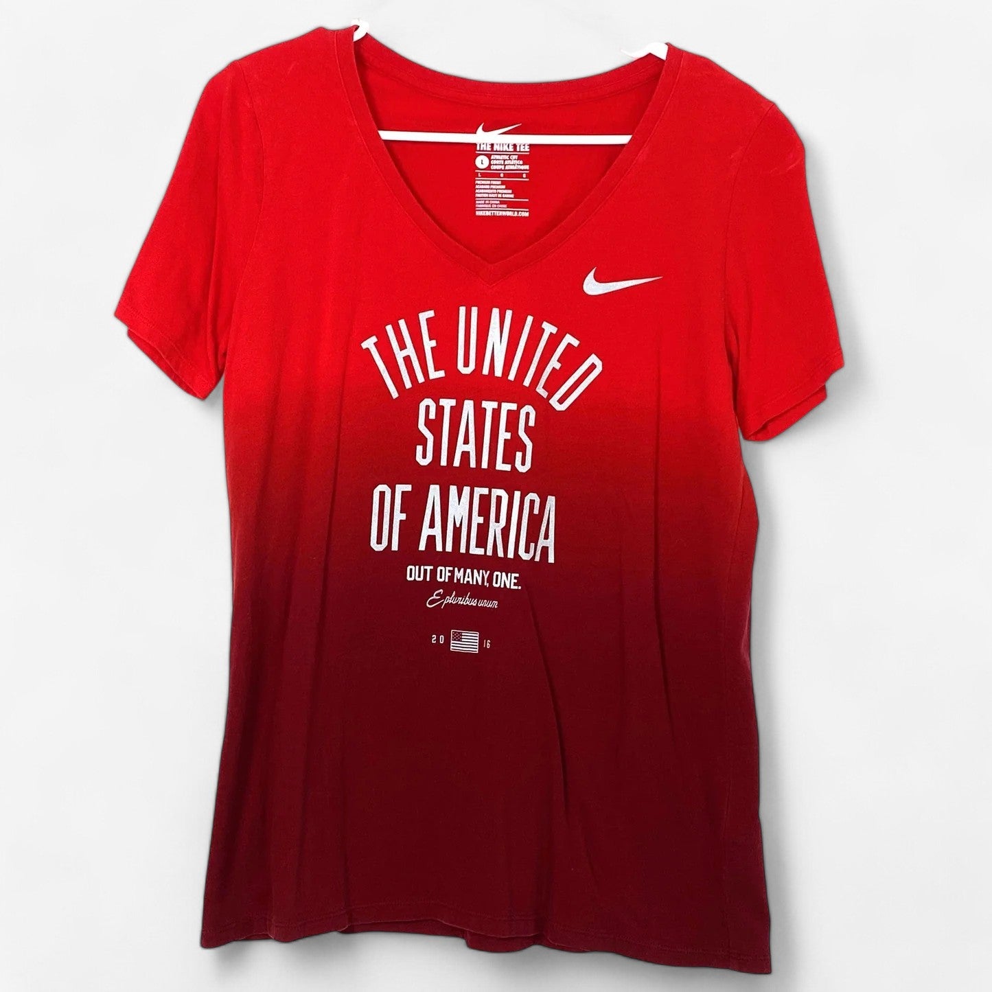 Nike Women's Red V-Neck Athletic Cut T-Shirt - 'The United States of America - Out of Many, One' - Size L