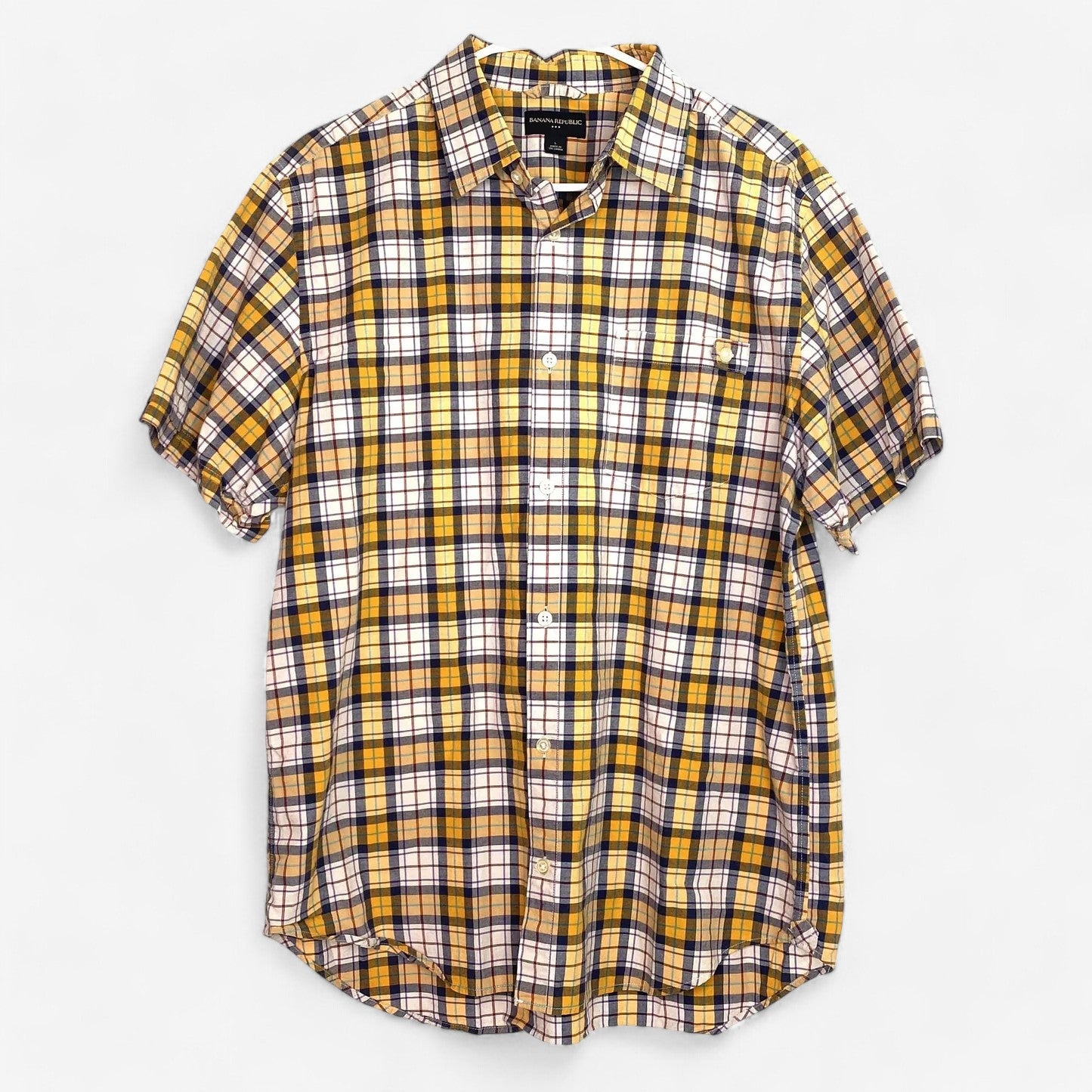 Banana Republic Men's Yellow & Gray Plaid Short Sleeve Shirt - Size L