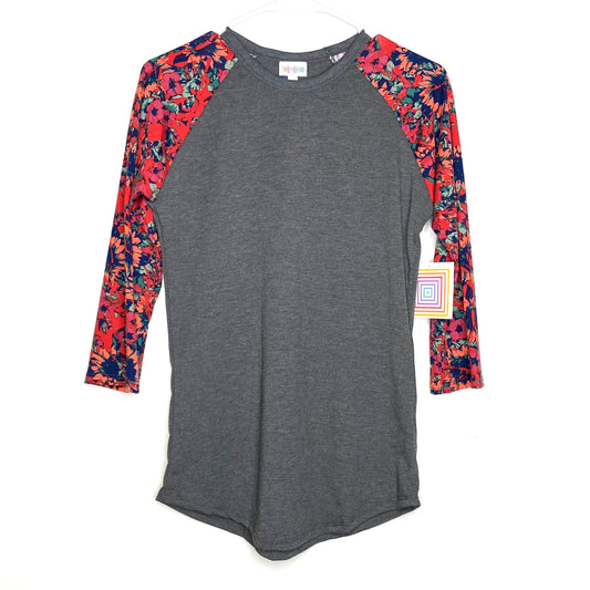 LuLaRoe Unisex XS Blue/Red/Gray Randy Heather/Floral Raglan T-Shirt ¾ Sleeves NWT